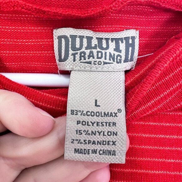 Duluth Trading Company Orange White Striped Funnel Neck Hooded Sweater Pockets L - Picture 4 of 6